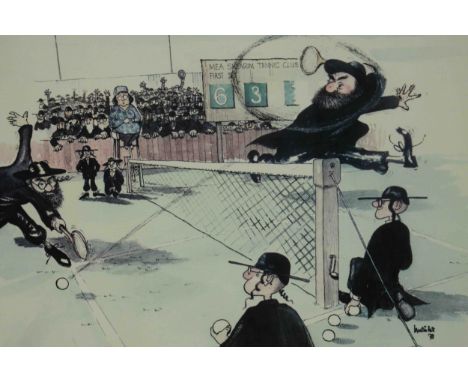 Martin Holt, tennis cartoon, coloured lithograph, signed and numbered in pencil. H.53 W.62cm. 