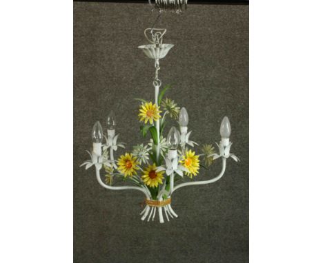 A 20th century French Toleware chandelier decorated to the centre with brightly painted sunflowers and five white painted bra