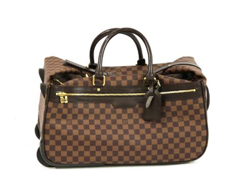 A Louis Vuitton Damier Ebène 'Eole 50' rolling duffle bag, brown leather detailing and trim, front zip pocket, retractable ha