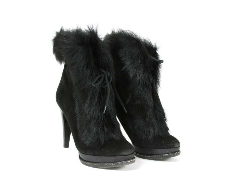 A pair of Ralph Lauren black suede and fur ankle boots, with 2cm platform sole, edged fur detailing and front tie, size state