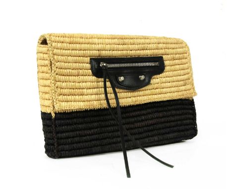 A Balenciaga raffia natural and brown woven canvas clutch, silver-tone hardware, zip and stud detail to front, snap closure, 