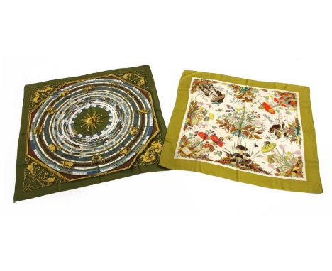 An Hermès 'Dies et Hore' silk scarf, by Françoise Façonnet, 1963, khaki green ground with zodiac design, 90cm, and five Gucci