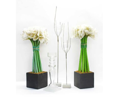 Decorative items, comprising two tea light holders, a large glass candle stick, and two faux flowers in slate pots (5)