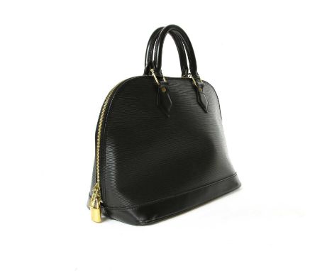 A Louis Vuitton black Epi leather Alma bag, dual rolled handles, gold-tone hardware, zip-top closure opening to Alcantara int