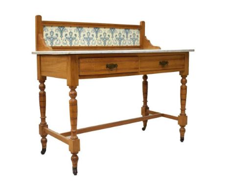 Tile-backed washstand, with marble top, 75cm x 106cm wide. 