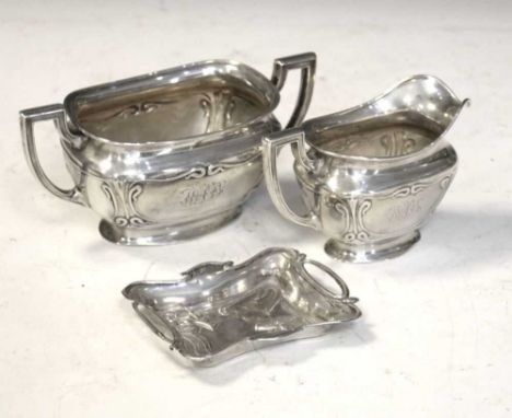 Edward VII Art Nouveau-style silver milk jug, and two-handled sugar basin, London 1905, WH&amp;Co, and a similar pin tray, Bi