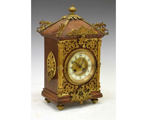 Late 19th Century French oak-cased mantel clock, cream Arabic dial, two-train movement, architectural case, 37cm high