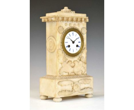 19th Century French alabaster mantel clock, 2.75-inch white dial with blue Roman numerals, inscribed 'Hodgkins &amp; Co Paris