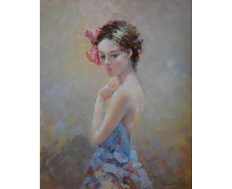Vladimir Petrov - Oil on canvas - Portrait of a young girl, half-length, signed lower right, entitled 'Irena' verso, 60cm x 4