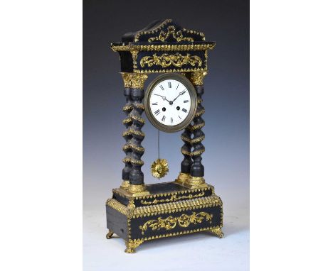 19th Century French ebonised portico clock, anonymous, 4.25-inch white Roman dial (a/f) with trefoil hands, two-train movemen