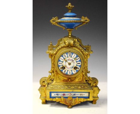 Late 19th Century French gilt spelter and porcelain mantel clock, Japy Freres, 3-inch cellular dial, two-train bell-striking 