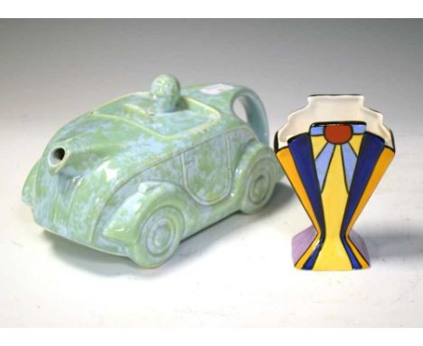 Sadler racing car teapot and a Brian Wood Art Deco-style vase, 11cm high.