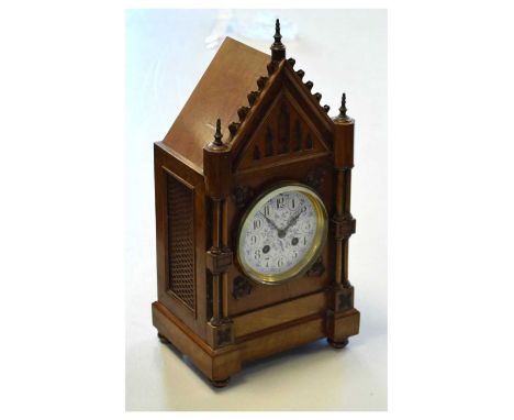 Late 19th Century French walnut-cased mantel clock, 3.75-inch Arabic dial with blue Aesthetic style decoration, two-train bel