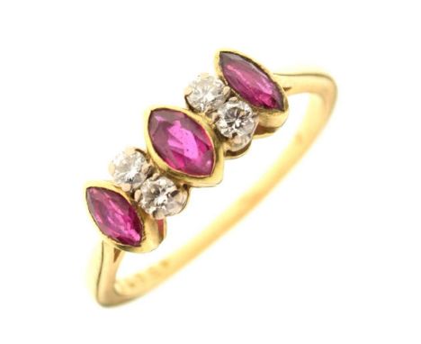 Yellow metal, ruby and diamond seven-stone ring, unmarked, size Q, 3.7g gross approx