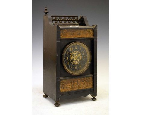 Aesthetic style ebonised mantel clock, in Japonesque taste, Arabic cellular dial with sparrows to the centre. two-train movem