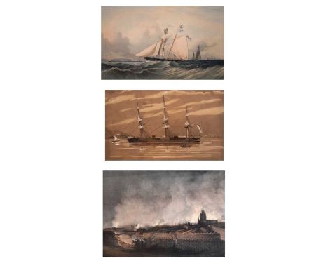 Three framed lithographic prints, 'View of the City of Bristol' (Thomas Rowbotham after L. Haghe), 35cm x 48cm; 'The Harriet 