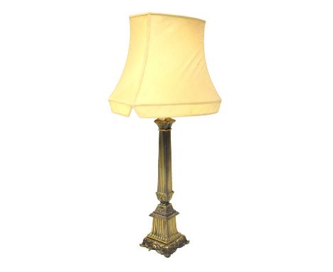 Brass column table lamp, 89cm high (including shade).