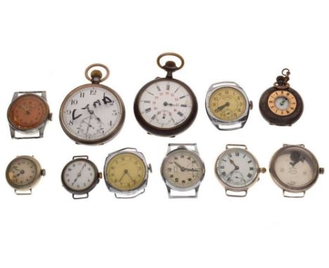 Assorted pocket watches and vintage watch heads, to include two gun-metal pocket watches, a half-hunter fob watch plus a wris