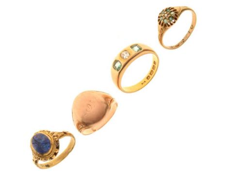 Gentleman's unmarked yellow metal signet ring, size M, 5.8g, together with an 18ct gold dress ring, and two other rings (4)