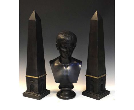 Roman Emperor ceramic library bust and pair of reproduction Grand Tour obelisks, 52cm high and smaller.