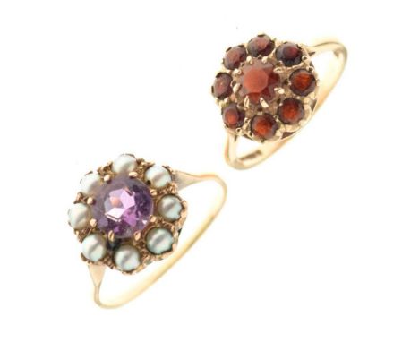 Two 9ct gold gem-set dress rings, the first with amethyst-coloured stone and pearl border, size T, the second a red stone clu
