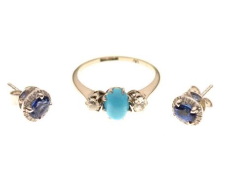 Diamond and turquoise dress ring, the central cabochon between two brilliants, shank stamped 18ct &amp; PT, size M½, and a pa