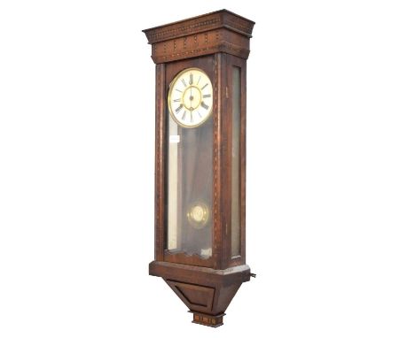 Inlaid walnut wall clock circa 1900, probably French, with Vienna-style white Roman dial, the case with satinwood banding enc