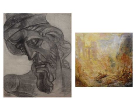 20th Century European School, Cubist influence charcoal portrait, dated 1930, 62cm x 47cm framed and glazed, three charcoal a