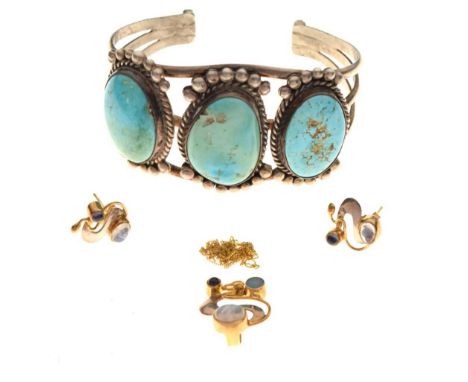 Arts &amp; Crafts-style pendant and matching ear studs, each of sinuous design set with moonstone and opal cabochons, the whi