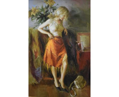 Hodgkins - Oil on canvas - Portrait of a lady in an interior, signed lower right, 89cm x 59cm, in gilt frame, authentication 