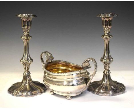 19th Century possibly Scandinavian plate on copper two-handled sugar basin and pair of plate on brass candlesticks, 24cm high