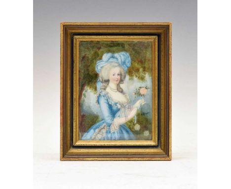 Early 20th Century French School - portrait miniature on ivory - Marie Antoinette, in the Palace of Versailles Gardens in blu