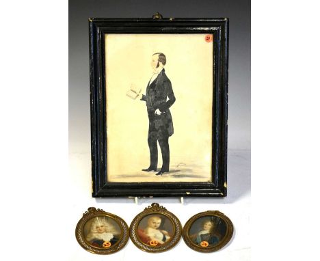 Three oval portrait miniatures in decorative gilt metal frames, and painted caricature dated 1852, 27cm x 19cm and smaller, f