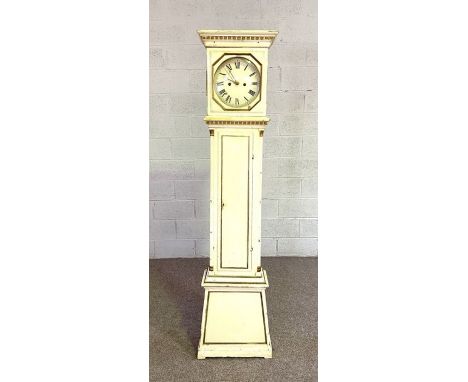 A Swedish painted longcase clock, 19th century, with 29cm dial, unsigned, two train movement, lacks weights and pendulum, in 