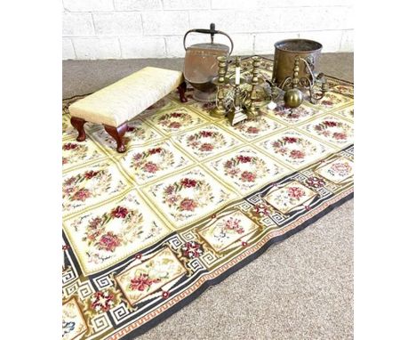 A group of miscellaneous items, including a Victorian helmet coal scuttle; a modern French style rug, with tiled floral decor