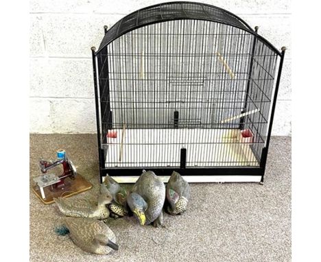 A modern large wirework bird cage, together with some modern Duck decoys and an small button sewing machine (a lot)