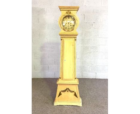 A Swedish painted longcase clock, signed Mortensen, 19th century, 25cm dial, Roman numerals, two train movement, lacking weig