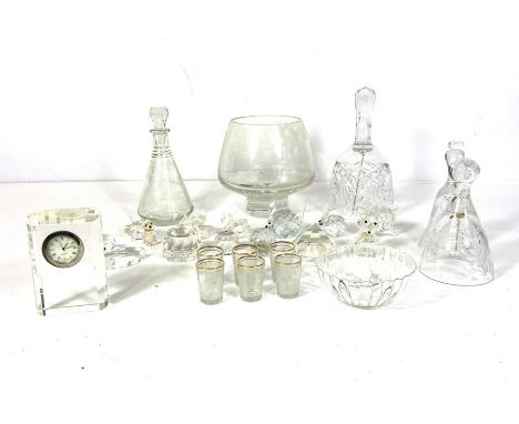 Assortment of glass ornaments and decorative glass, including Swarovski type crystal animals; a large etched glass bowl; thre