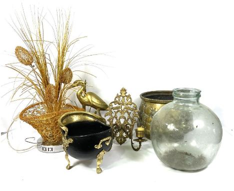 A selection items including a Georgian style brass coal bucket; a glass carboy type bottle vase; a coal bucket; Heron figure;