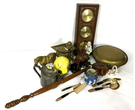 A large assortment of ephemera, including a Victorian brass and turned wood warming pan; a Japanese carved figure of a Water 