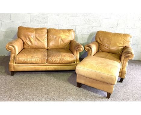 A vintage leathered two seat settee with a matching chair and pouffe (3)