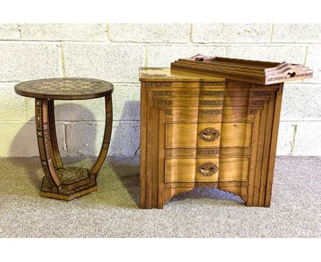 A useful Chinese carved Huanghuali style set of Quartetto tables, with two integral drawers, carved corners and drawer handle
