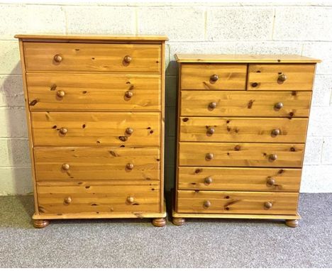 A group of pine bedroom furniture, modern, including two tall pine chests of drawers; a blanket chest; a small double wardrob