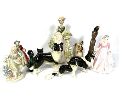 Assortment of figurines including Beswick style Sheepdogs, a ceramic cat and other figurines (a lot)