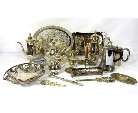 Assortment of plated tablewares, including a tea service, two embossed trays, night stick, biscuit tray, etc (a lot)