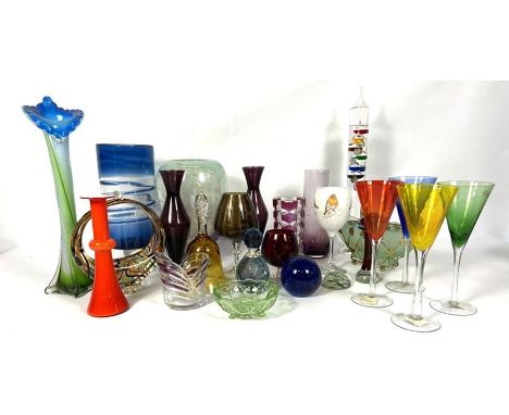 Assortment of coloured glass, including a large smoky glass goblet, four wine goblets, a barometer and assorted modern glass 