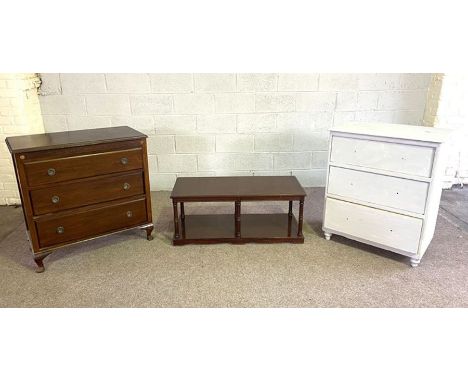 A vintage painted chest of three drawers; another chest of drawers; and a coffee table, with two tiers (3)