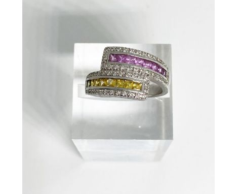 A white gold and Citrine and Amethyst asymmetric seed diamond eternity ring, 18 carat gold; together with a 9 carat gold sign