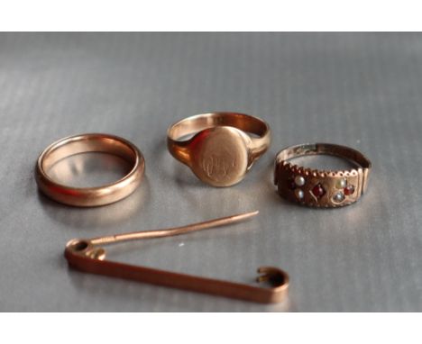 A 9ct gold signet ring, size R together with a 9ct gold wedding band, size M, a 9ct gold seed pearl set ring, size N 1/2, and