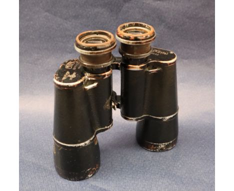 A pair of Third Reich Kriegsmarine Coastal Artillery binoculars, the binoculars with CARL ZEISS JENA DF 7 X 50, 2069263 and F